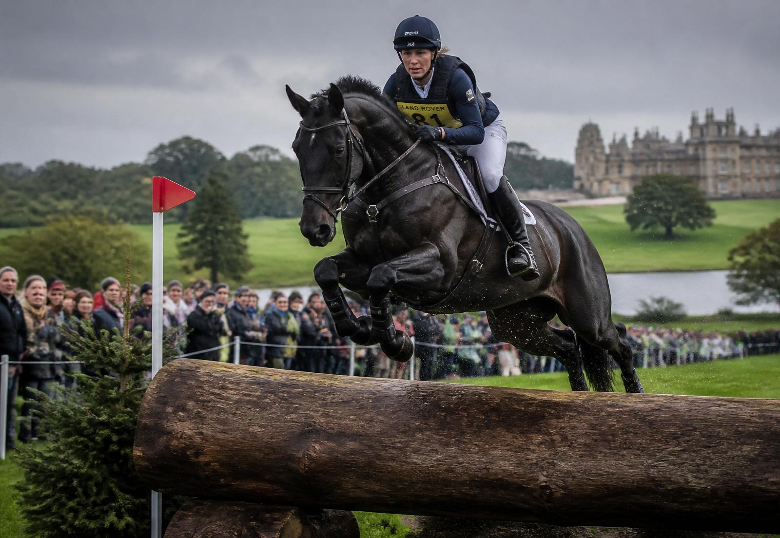 Cross-country rider clearing a log fence at a British horse trials with an estate house in the background