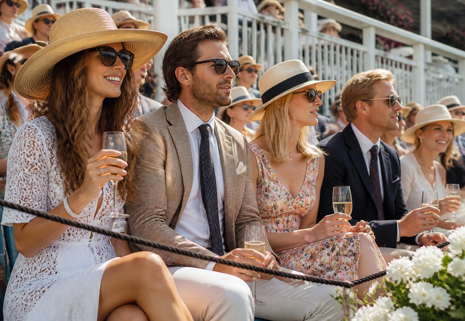 Elegant spectators in country attire watching a horse event from the stands
